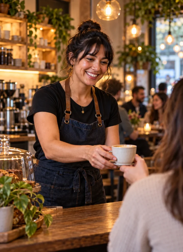 A cafe owner welcoming a customer
